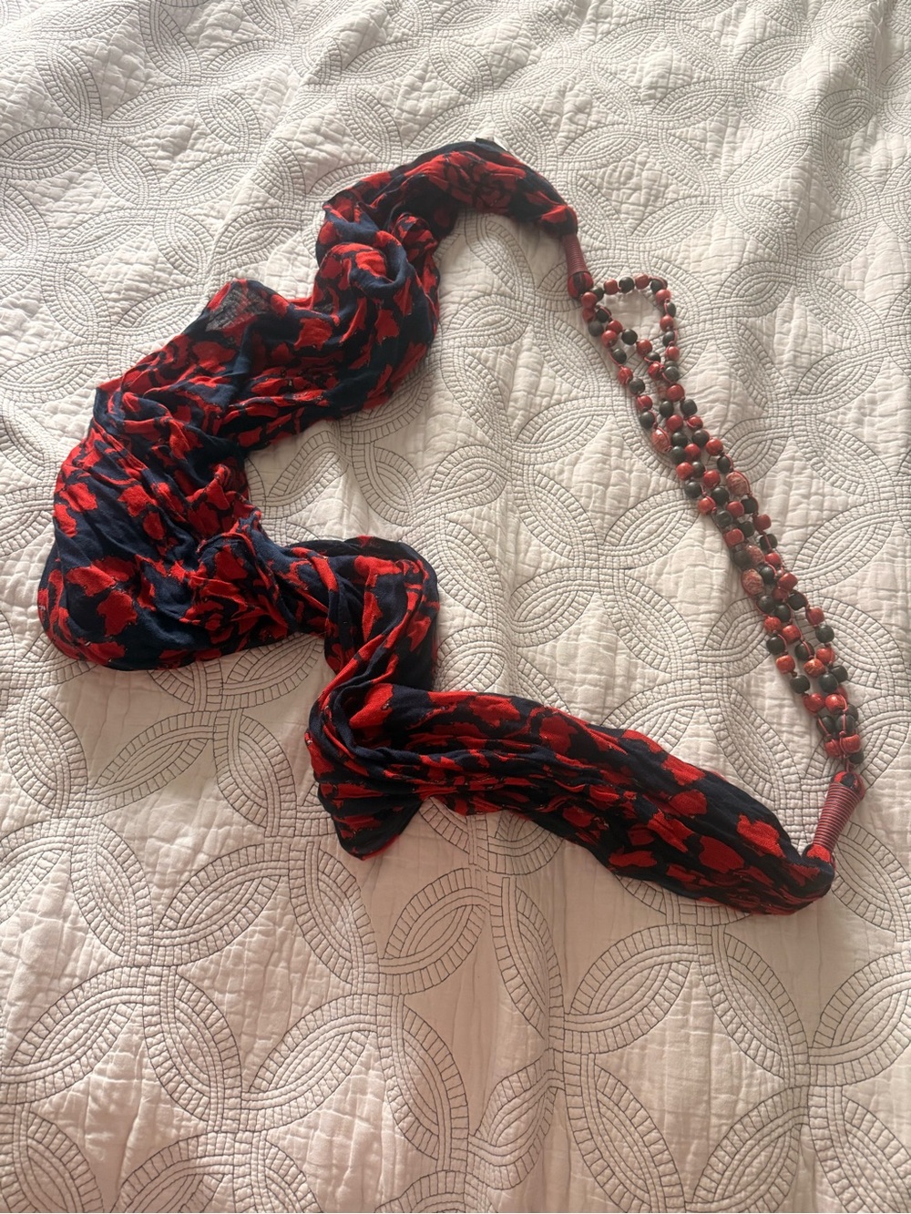 Red & Navy Floral Scarf Necklace - Women's Accessory
